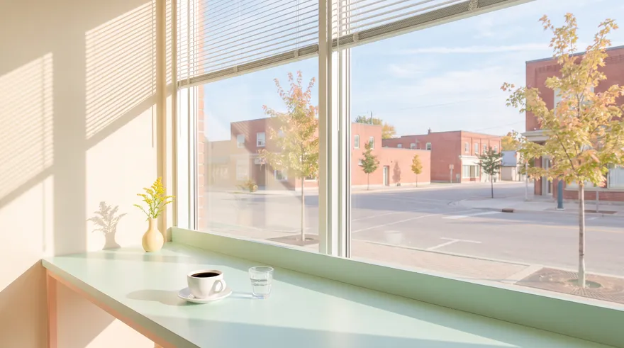 Illustration: a cup of black coffee and a glass of water on a pale mint counter, with morning sun through window blinds and a quiet brick street outside.